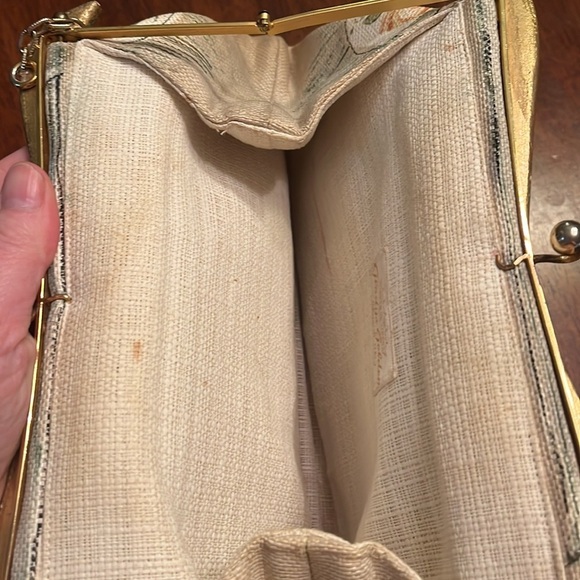 Vintage handbag purse Gladys Golden made in Italy painted burlap  chain strap - Picture 9 of 10